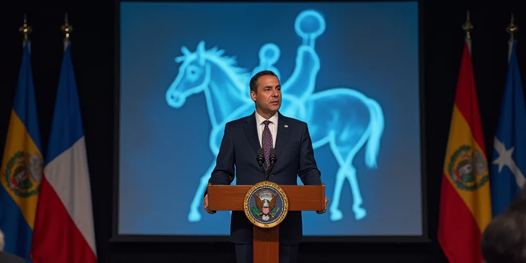 a man in a suit and tie speaking at a podium with flags behind him and a banner behind him, Agustín