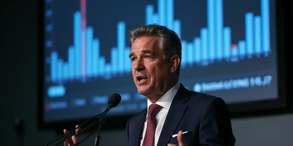 a man in a suit and tie speaking into a microphone in front of a screen with a bar chart, Agustín F