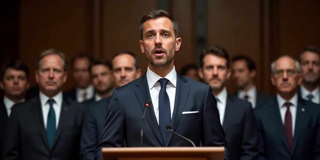 a man in a suit and tie speaking at a podium with other men in suits and ties behind him, André Fra