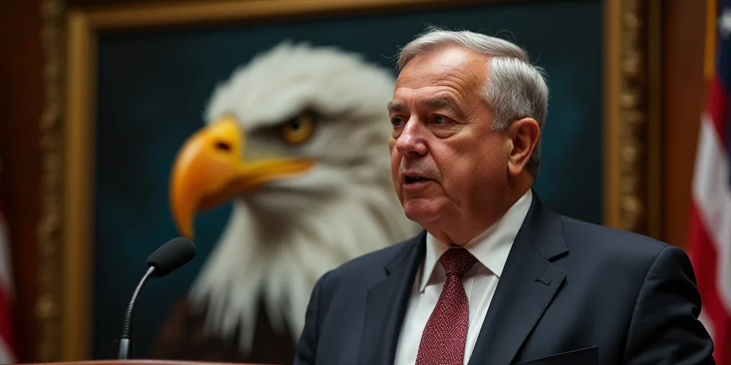 a man in a suit and tie speaking into a microphone with a picture of a bald eagle behind him, Carlos