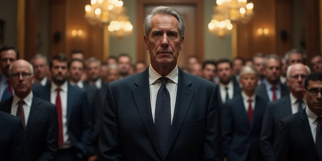 a man in a suit and tie standing in front of a crowd of people in suits and ties,, Dan Scott, hopper