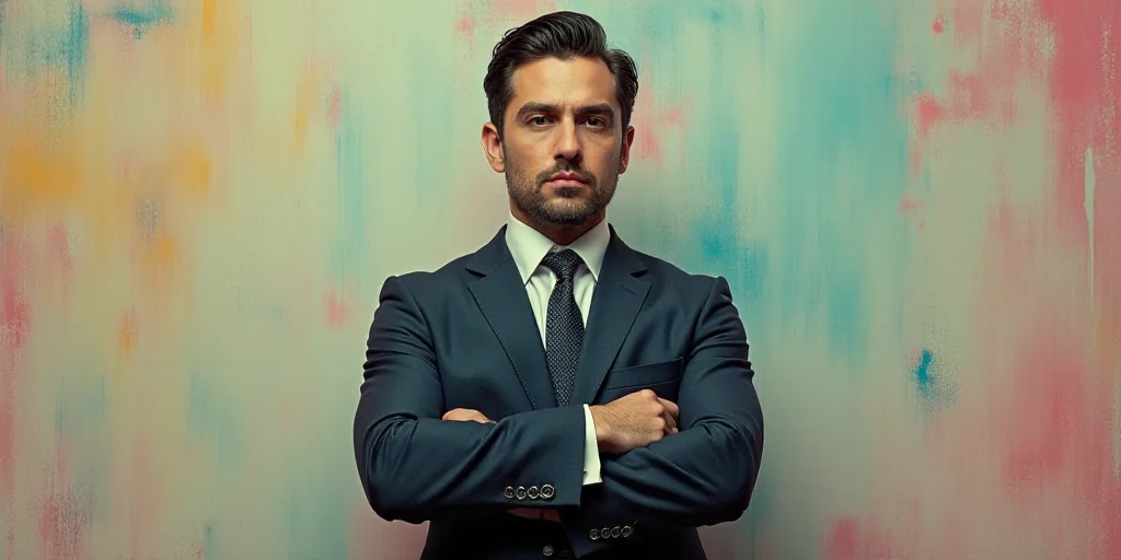a man in a suit and tie standing with his arms crossed in front of him, with the caption of a photo
