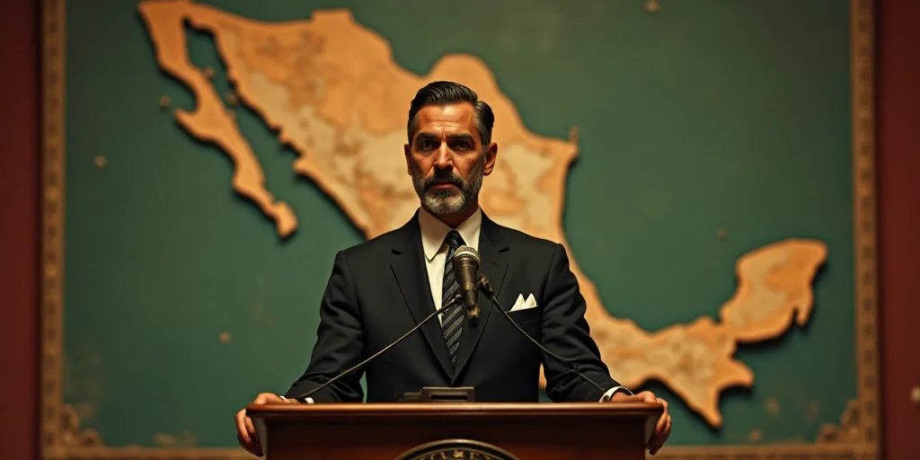 a man in a suit and tie standing at a podium with a microphone in front of him and a map of mexico b
