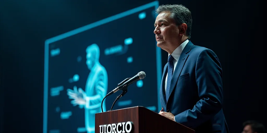 a man in a suit and tie standing at a podium with a microphone in front of him and a sign behind him