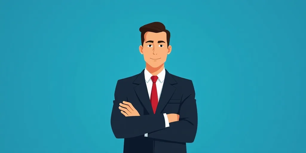 a man in a suit and tie standing with his arms crossed in front of him, with a blue background, Carl
