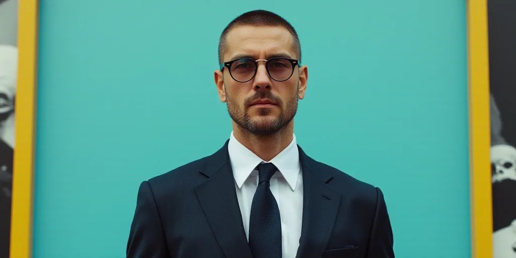 a man in a suit and tie standing in front of a blue background with a yellow border and a black and
