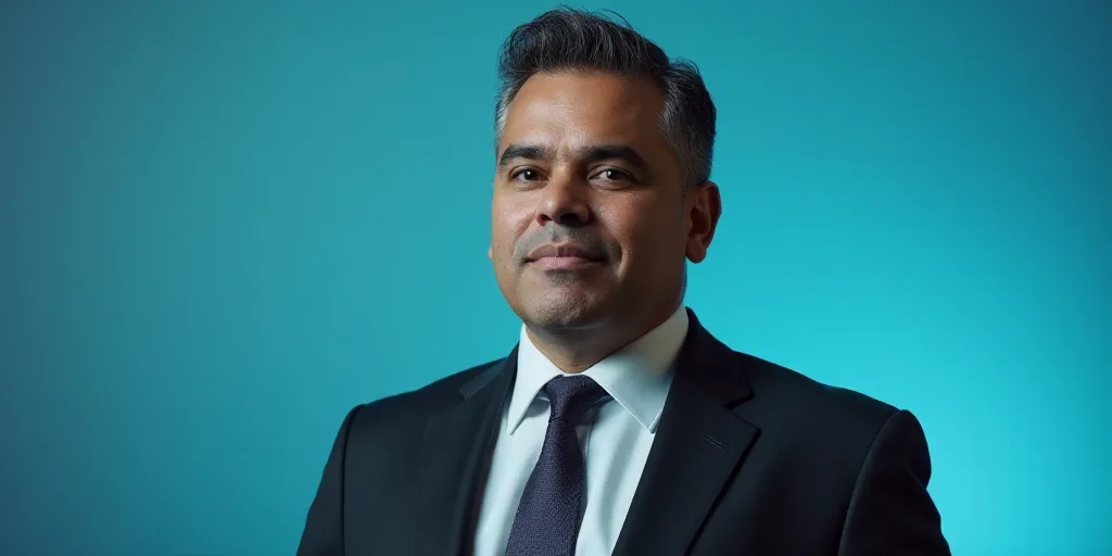 a man in a suit and tie standing in front of a blue background with a black and white photo, Alejand