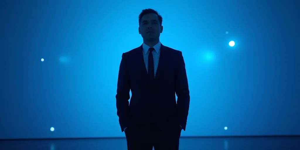 a man in a suit and tie standing in front of a blue background with the words antonio ai showbiz, An