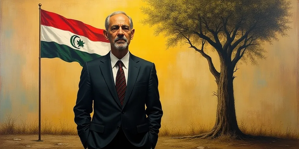 a man in a suit and tie standing in front of a flag and a wall with a tree on it, Ahmed Yacoubi, exp