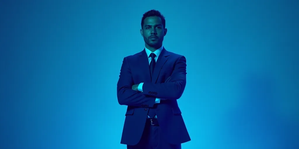 a man in a suit and tie standing with his arms crossed in front of him with a blue background, Estua