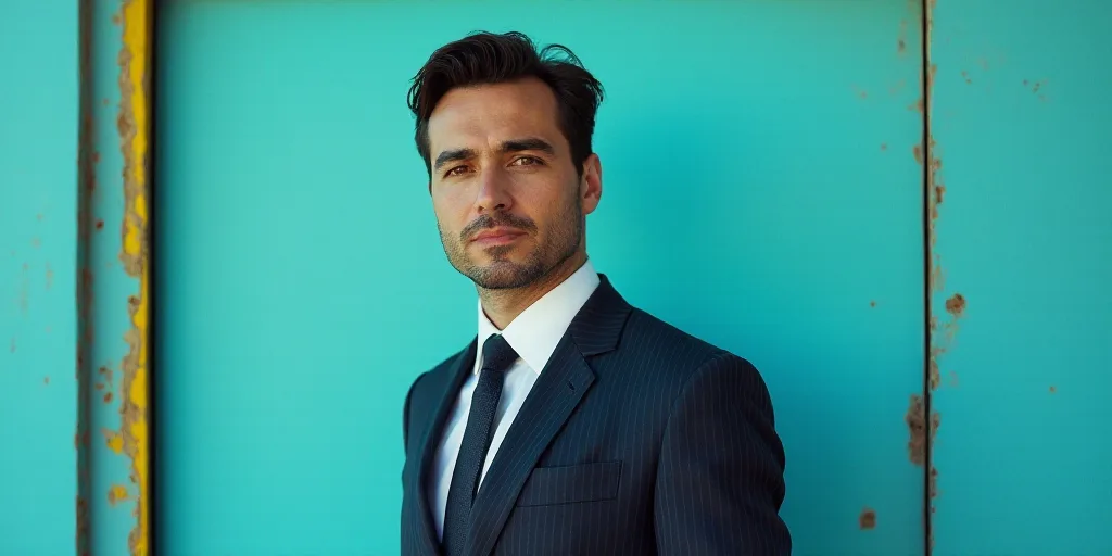 a man in a suit and tie standing in front of a blue background with a black and yellow border, Carlo