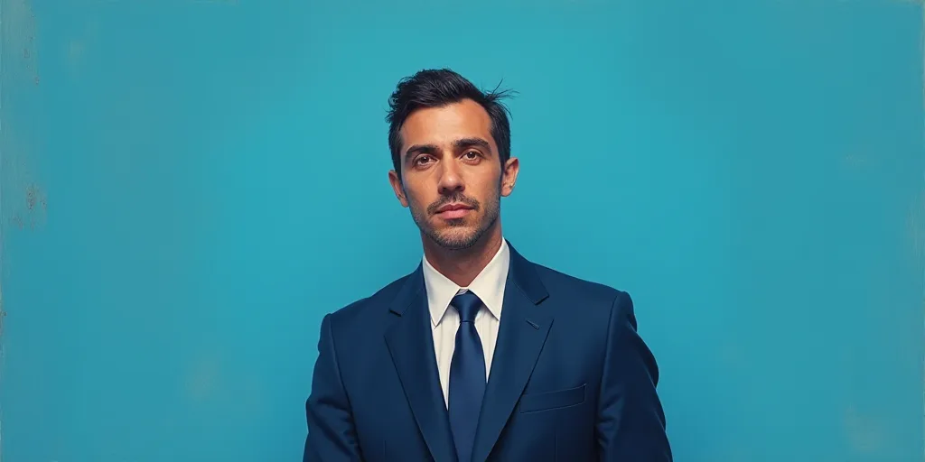 a man in a suit and tie standing in front of a blue background with a caption that reads, louis migu
