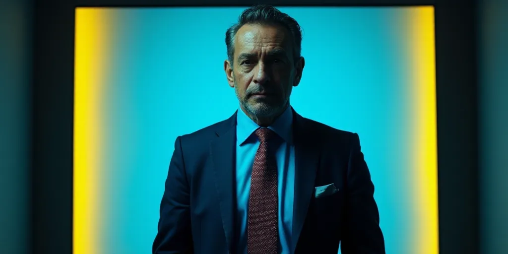 a man in a suit and tie standing in front of a blue background with a black and yellow border, Eduar