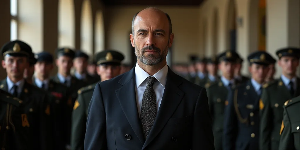 a man in a suit and tie standing in front of a group of soldiers in uniform in a building, Bernard A