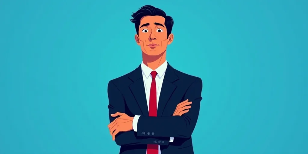 a man in a suit and tie standing with his arms crossed in front of him, with a blue background, Carl
