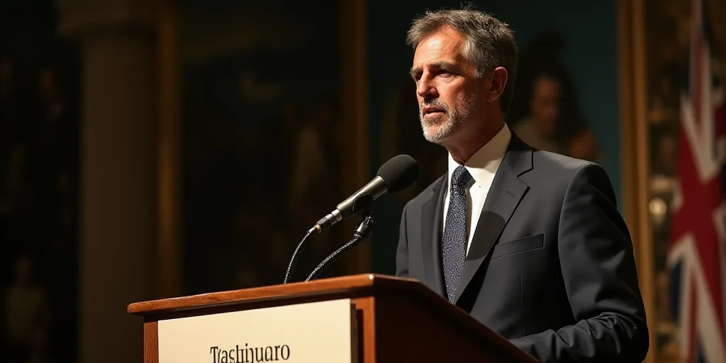 a man in a suit and tie standing at a podium with a microphone in front of him and a sign behind him