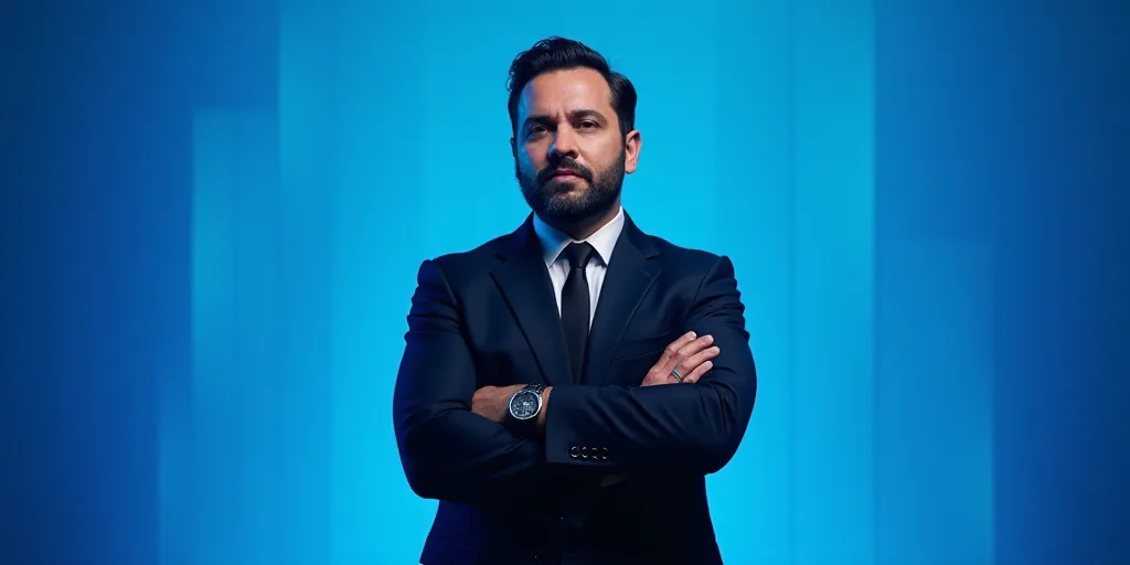 a man in a suit and tie standing with his arms crossed in front of him with a blue background, Estua