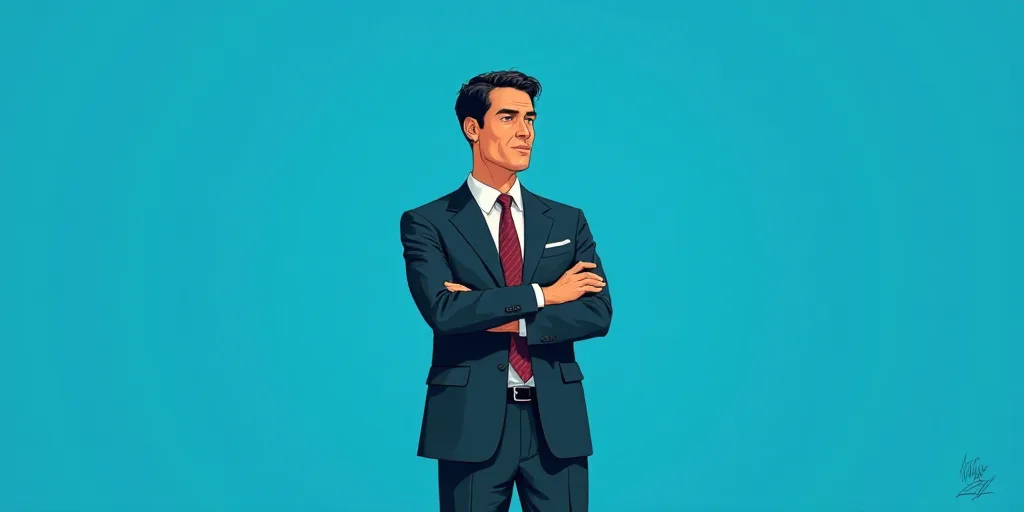 a man in a suit and tie standing with his arms crossed in front of him, with a blue background, Carl