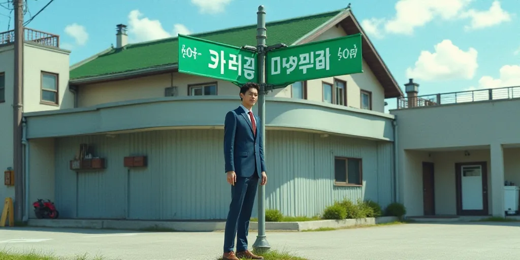 a man in a suit and tie standing next to a street sign in front of a building with a green roof, Awa