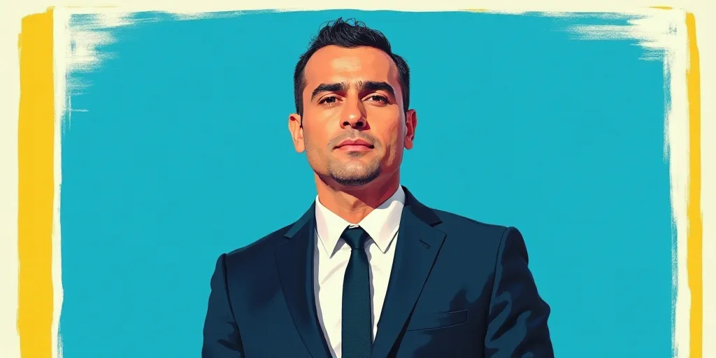 a man in a suit and tie standing in front of a blue background with a white and yellow border, Carlo