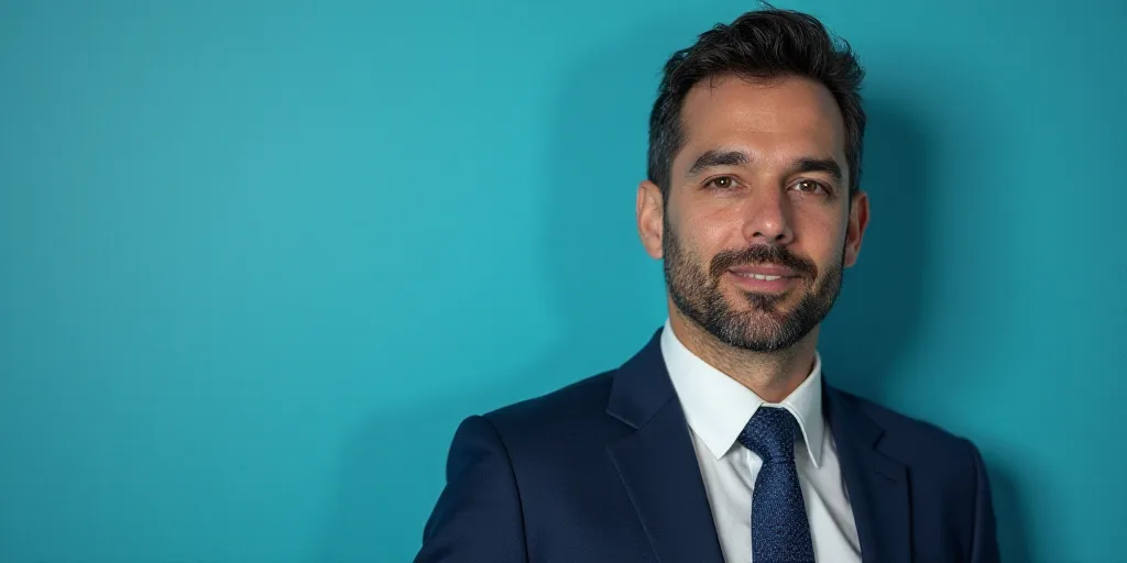 a man in a suit and tie standing in front of a blue background with a black and white photo, Alejand
