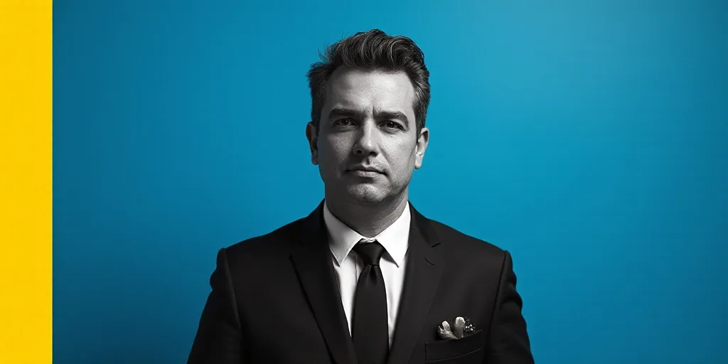 a man in a suit and tie standing in front of a blue background with a yellow border and a black and