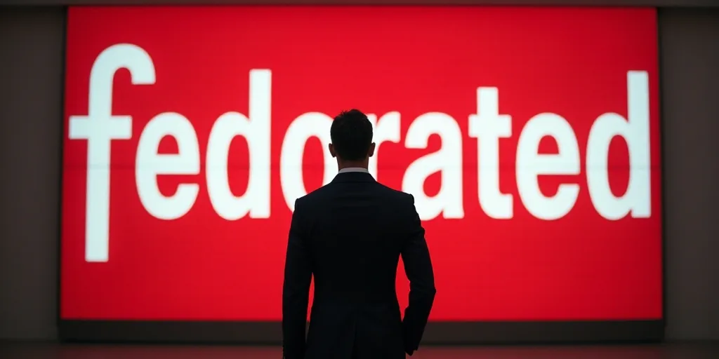 a man in a suit and tie standing in front of a red and white sign that says fedorated, Eduardo Lefeb