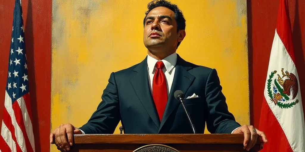 a man in a suit and tie standing at a podium with a flag behind him and a banner behind him, David A