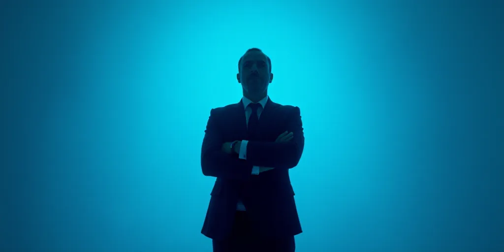 a man in a suit and tie standing with his arms crossed in front of him with a blue background, Enriq