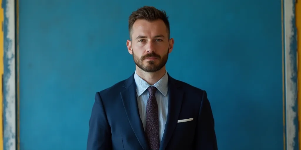 a man in a suit and tie standing in front of a blue background with a white and yellow border, Edwar