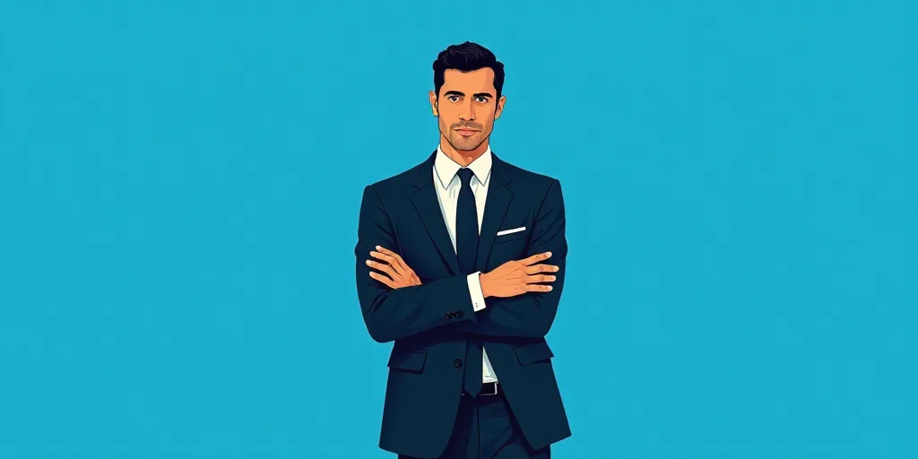 a man in a suit and tie standing with his arms crossed in front of him, with a blue background, Carl
