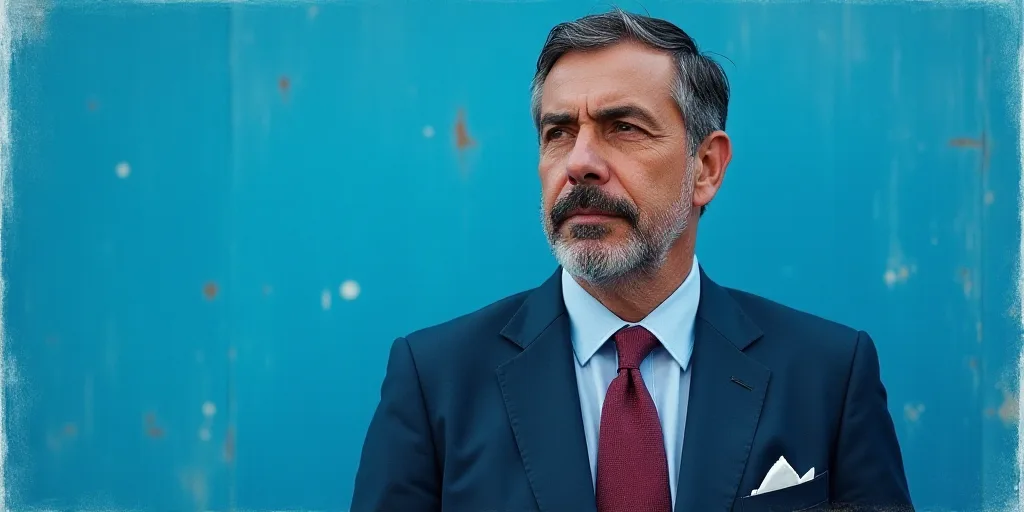 a man in a suit and tie standing in front of a blue background with a caption that reads, louis migu