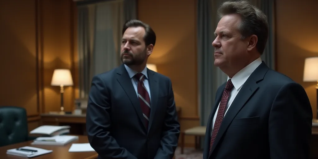 a man in a suit and tie standing next to a man in a suit and tie in front of a desk, Ei-Q, vfx, a st