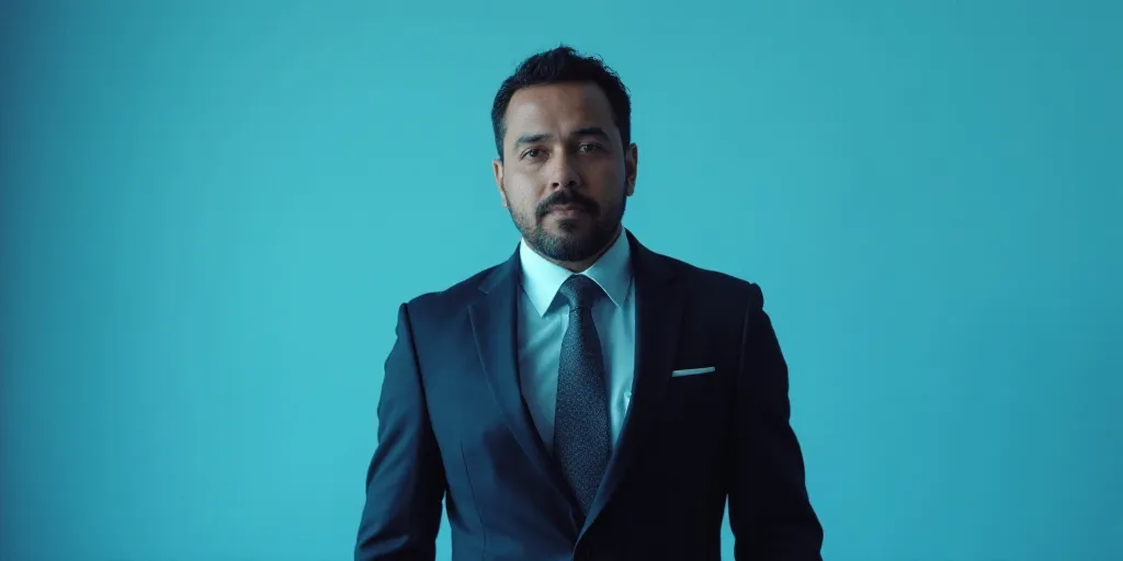 a man in a suit and tie standing in front of a blue background with a black and white photo, Alejand