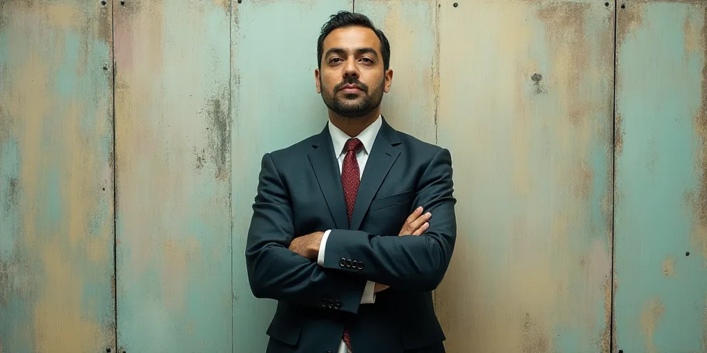 a man in a suit and tie standing with his arms crossed in front of him, with the caption of a photo