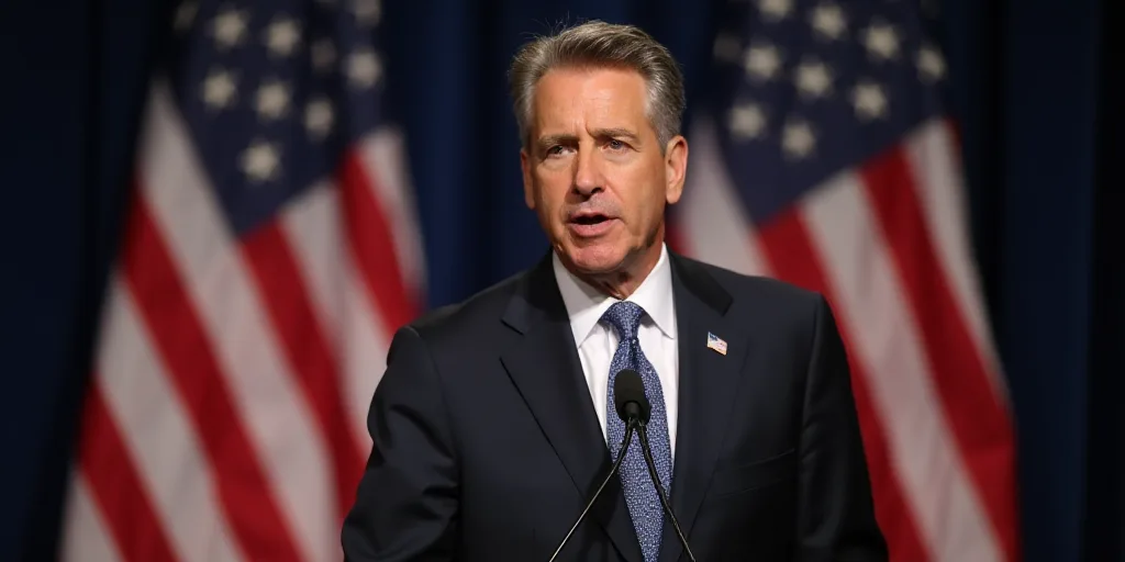 a man in a suit and tie standing in front of a flag and a microphone with a microphone in front of h
