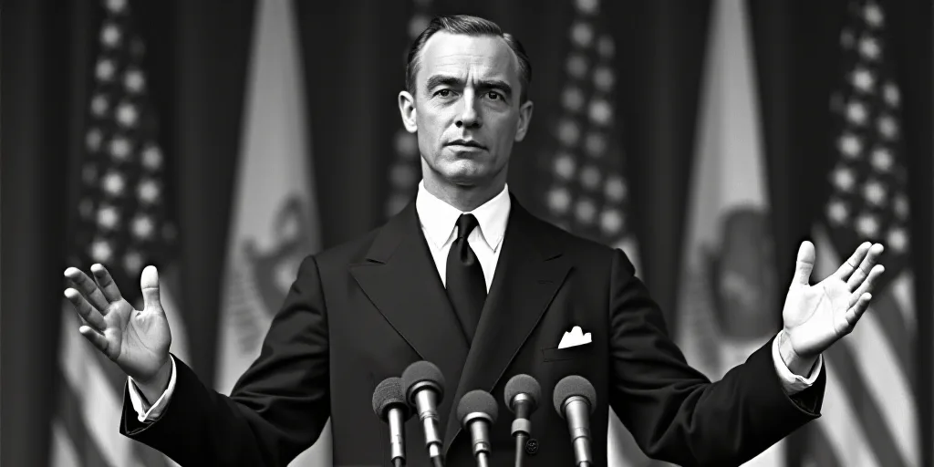 a man in a suit and tie standing in front of flags and microphones with his hands up in front of him