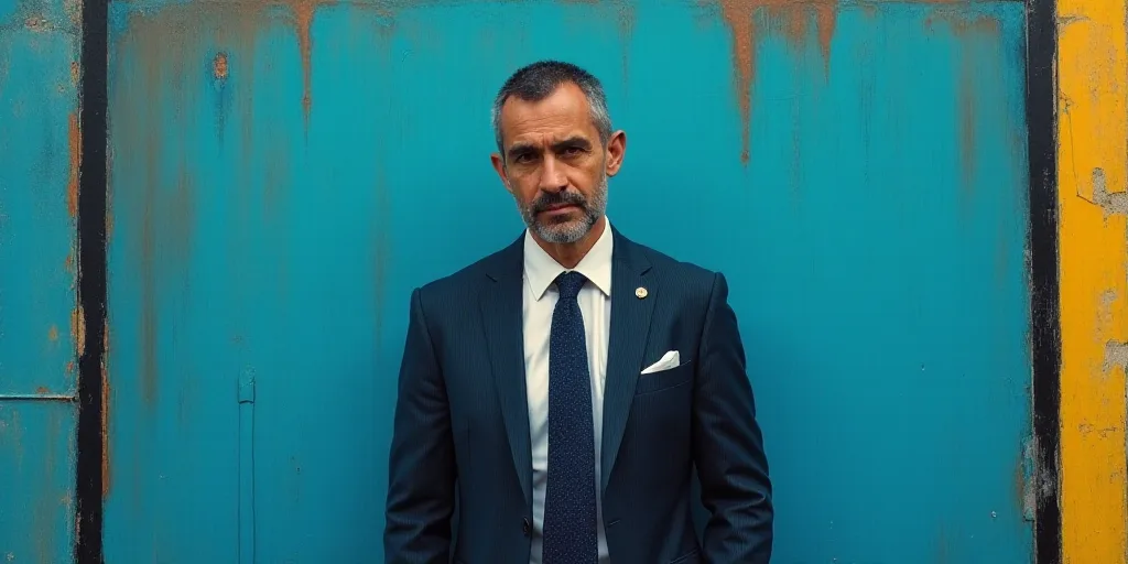 a man in a suit and tie standing in front of a blue background with a black and yellow border, Artur