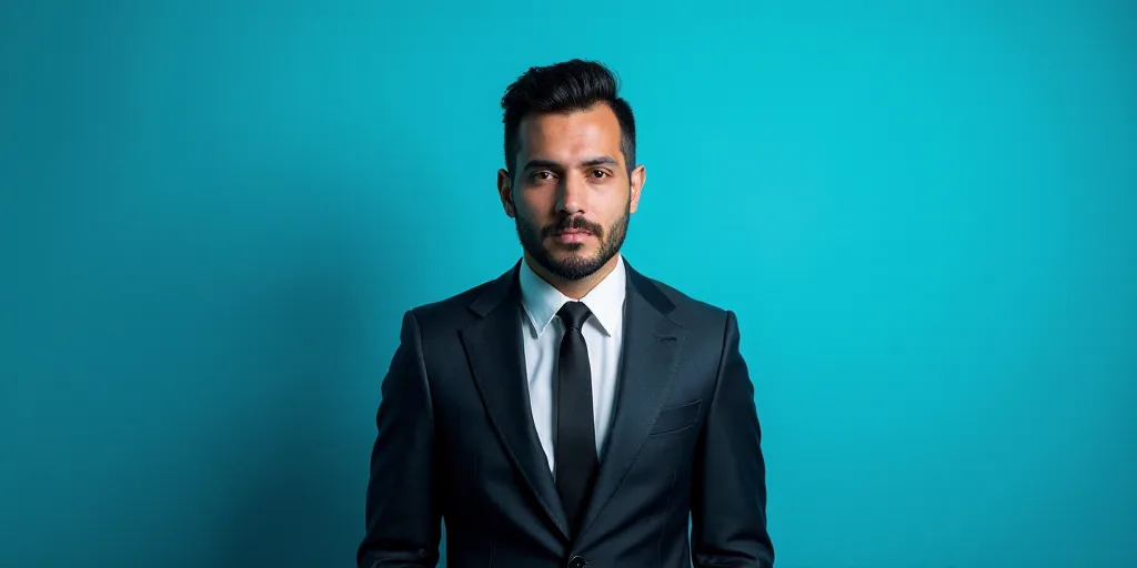 a man in a suit and tie standing in front of a blue background with a black and white photo, Alejand