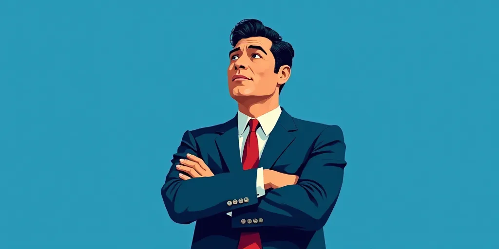 a man in a suit and tie standing with his arms crossed in front of him, with a blue background, Carl