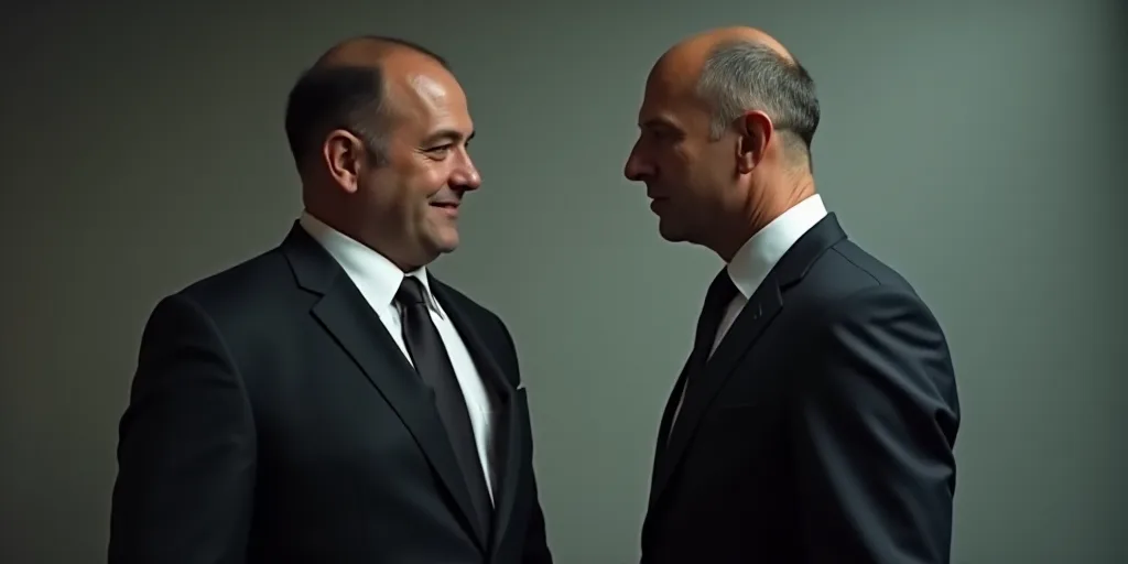 a man in a suit and tie standing next to a man in a suit and tie looking at each other, Brian Fies,