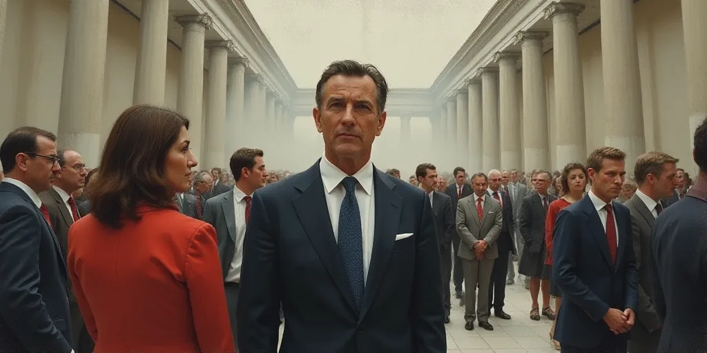 a man in a suit and tie standing next to a woman in a crowd of people in a building, Eduardo Lefebvr