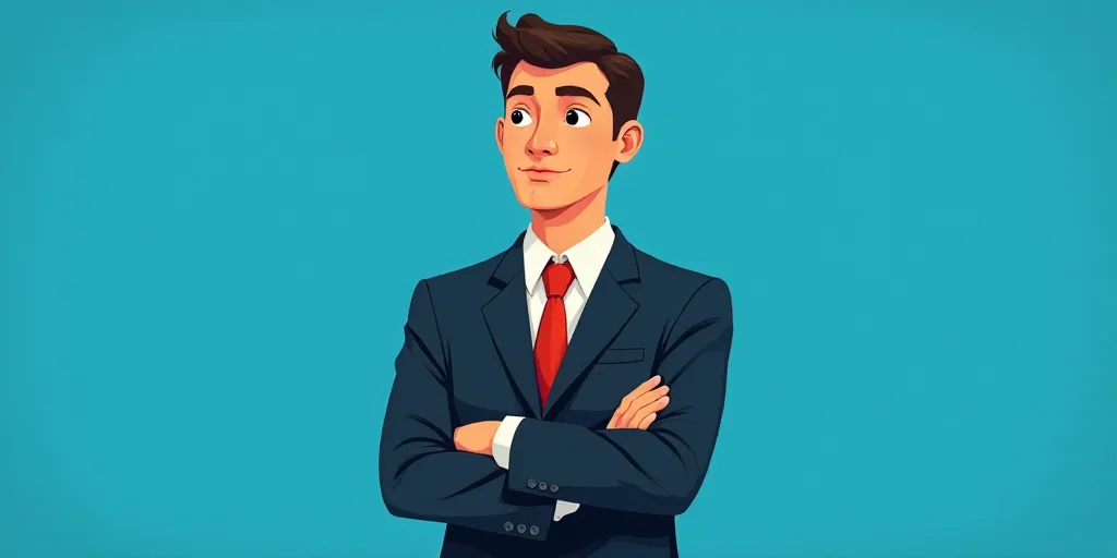 a man in a suit and tie standing with his arms crossed in front of him, with a blue background, Carl