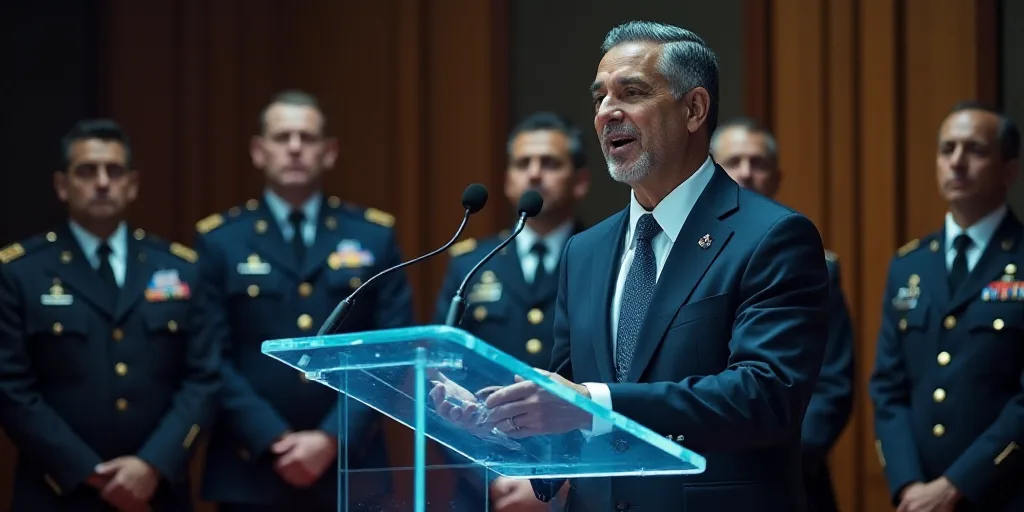 a man in a suit and tie standing at a podium with other men in uniform behind him and a microphone,