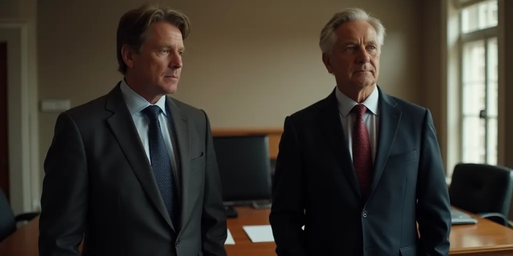 a man in a suit and tie standing next to a man in a suit and tie in front of a desk, Ei-Q, vfx, a st