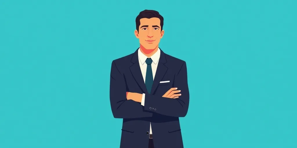 a man in a suit and tie standing with his arms crossed in front of him, with a blue background, Carl