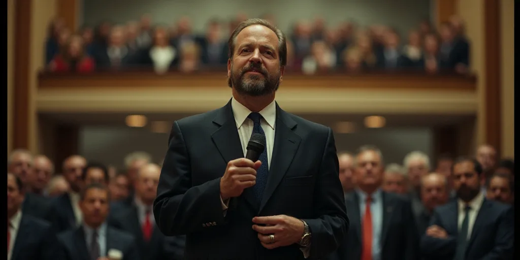 a man in a suit and tie standing in a crowd of people at a convention or convention center with a mi