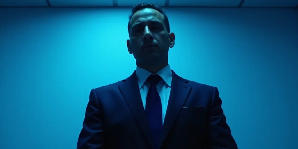a man in a suit and tie standing in front of a blue background with a caption that reads miguel gonz