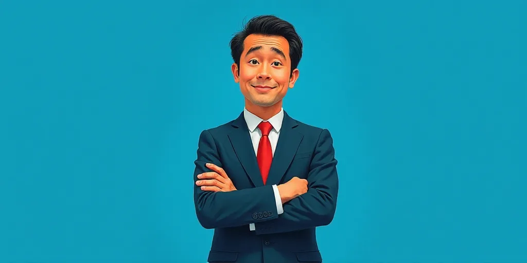 a man in a suit and tie standing with his arms crossed in front of him, with a blue background, Carl