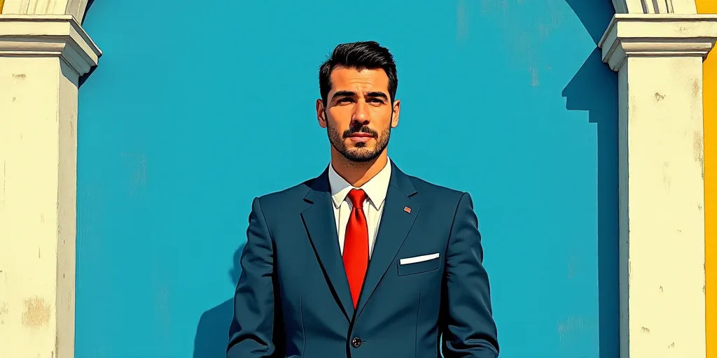 a man in a suit and tie standing in front of a blue background with a white and yellow border, Carlo